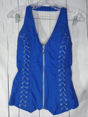 Lydia USA Y2K 90's Royal Blue Lace-Up Zipper Halter Corset Style Vest Top